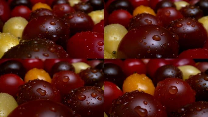 用微距探针镜头拍摄的传家宝葡萄樱桃番茄混合。