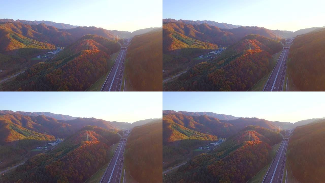 鸟瞰韩国秋季和山区的道路