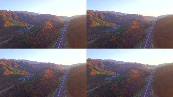 鸟瞰韩国秋季和山区的道路