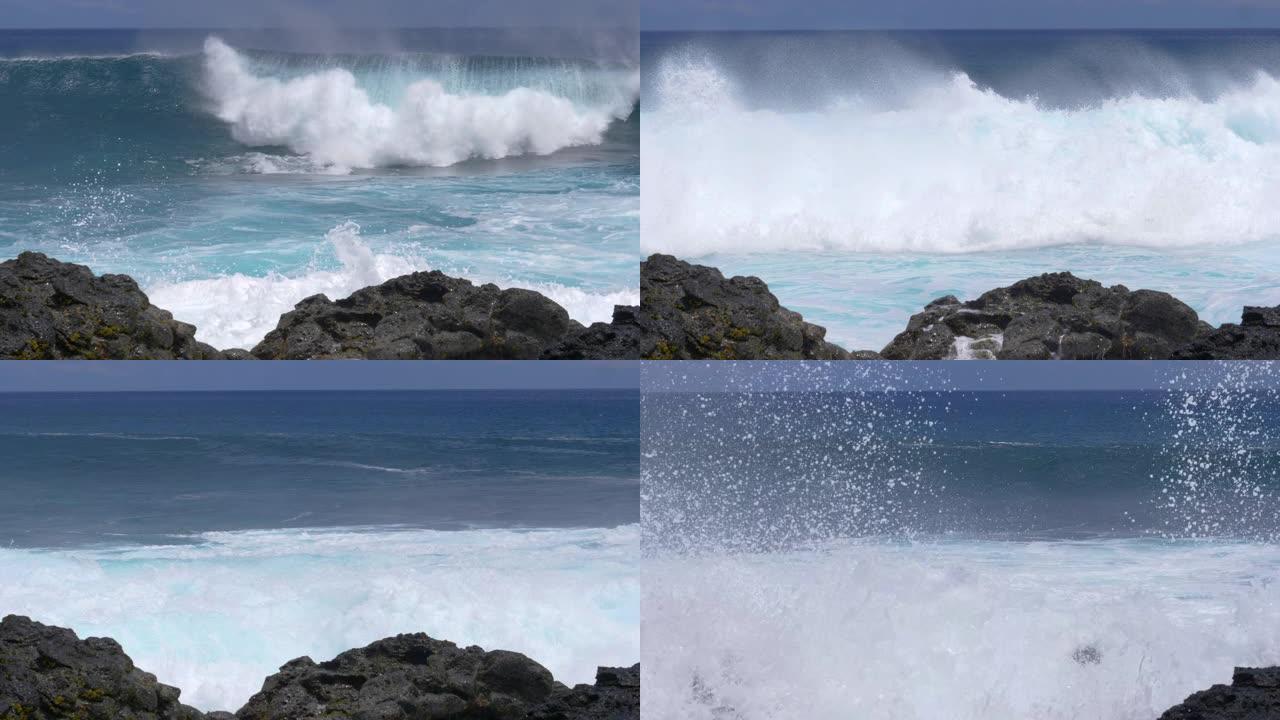 慢动作: 接近火山岛的波浪坠入多岩石的海岸。