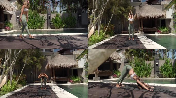 在后院热带花园中做瑜伽的女人的镜头序列
