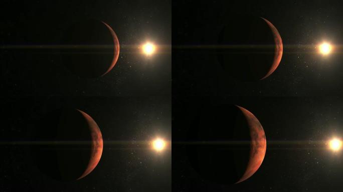 摄像机正在接近火星。太阳在框架中。火星向左移动。从太空看。星星闪烁。4K.太阳在右边