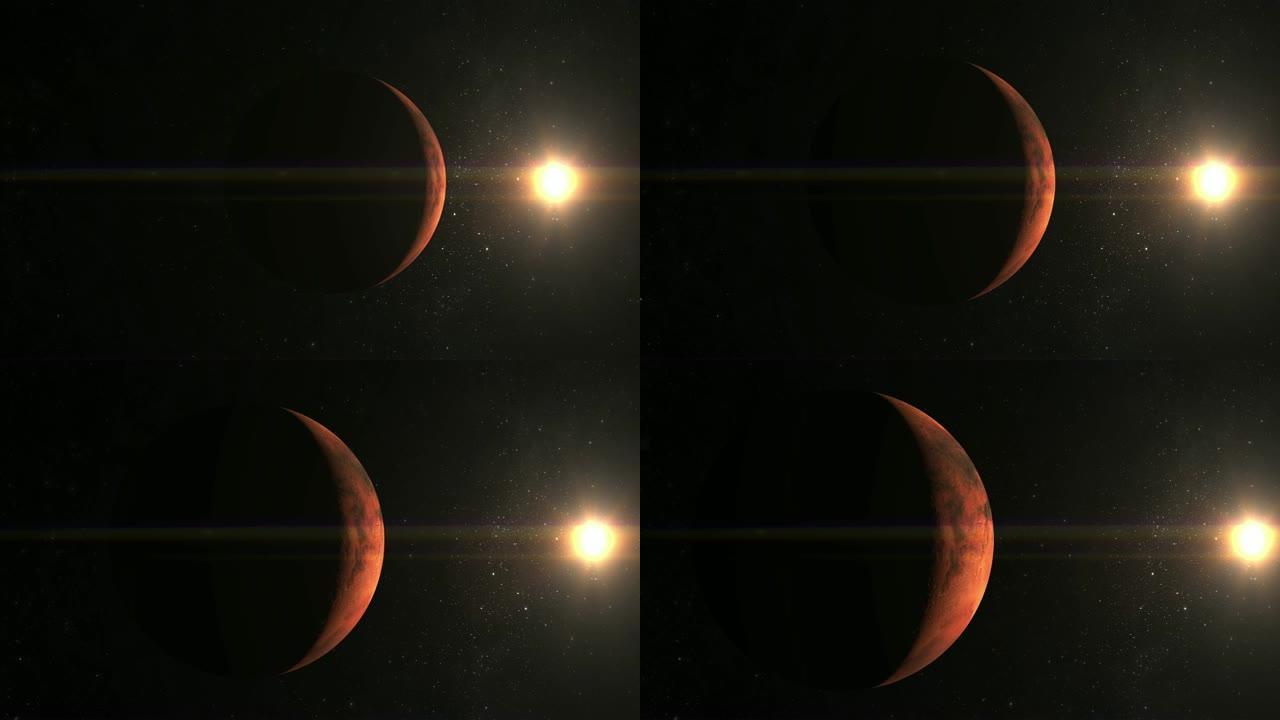 摄像机正在接近火星。太阳在框架中。火星向左移动。从太空看。星星闪烁。4K.太阳在右边