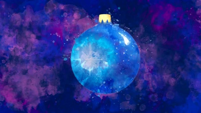 水彩圣诞装饰蓝色球在彩色斑点的背面。