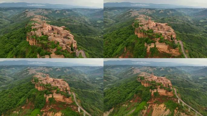 意大利中部奇维塔·迪·巴格诺雷焦村的鸟瞰图，地面非常脆。4K, UHD