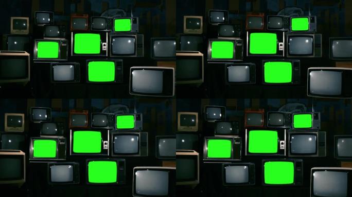 老式80年代绿屏电视。蓝色钢调。