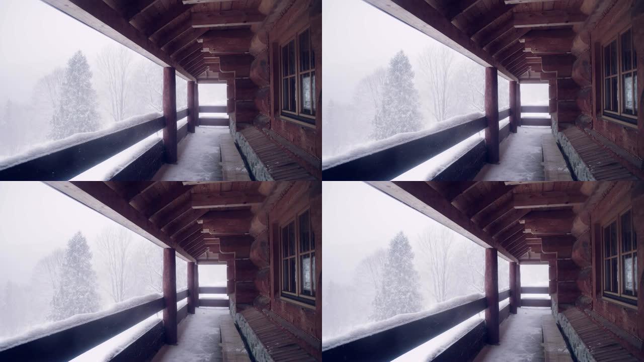 冬季仙境。雪山景观。露台庇护所