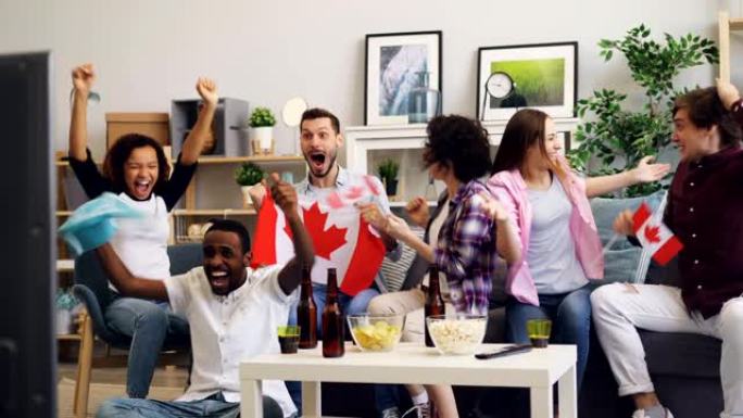 快乐的加拿大人在看电视上的体育比赛时欢呼、挥舞旗帜、击掌