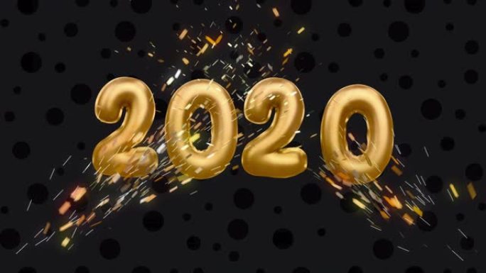 2020新年快乐问候动画气球文本与烟花五彩纸屑
