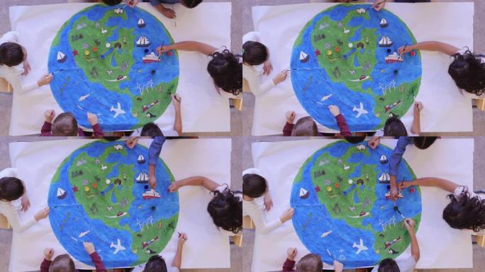儿童绘画世界壁画俯拍俯视教育画图