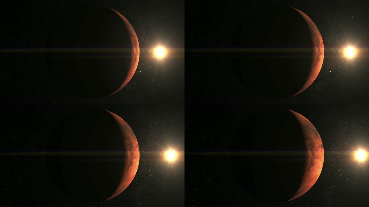 来自太空的火星。相机在火星周围飞行。太阳在框架中。从太空看。星星闪烁。4K.太阳在右边