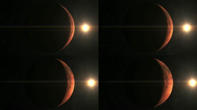 来自太空的火星。相机在火星周围飞行。太阳在框架中。从太空看。星星闪烁。4K.太阳在右边