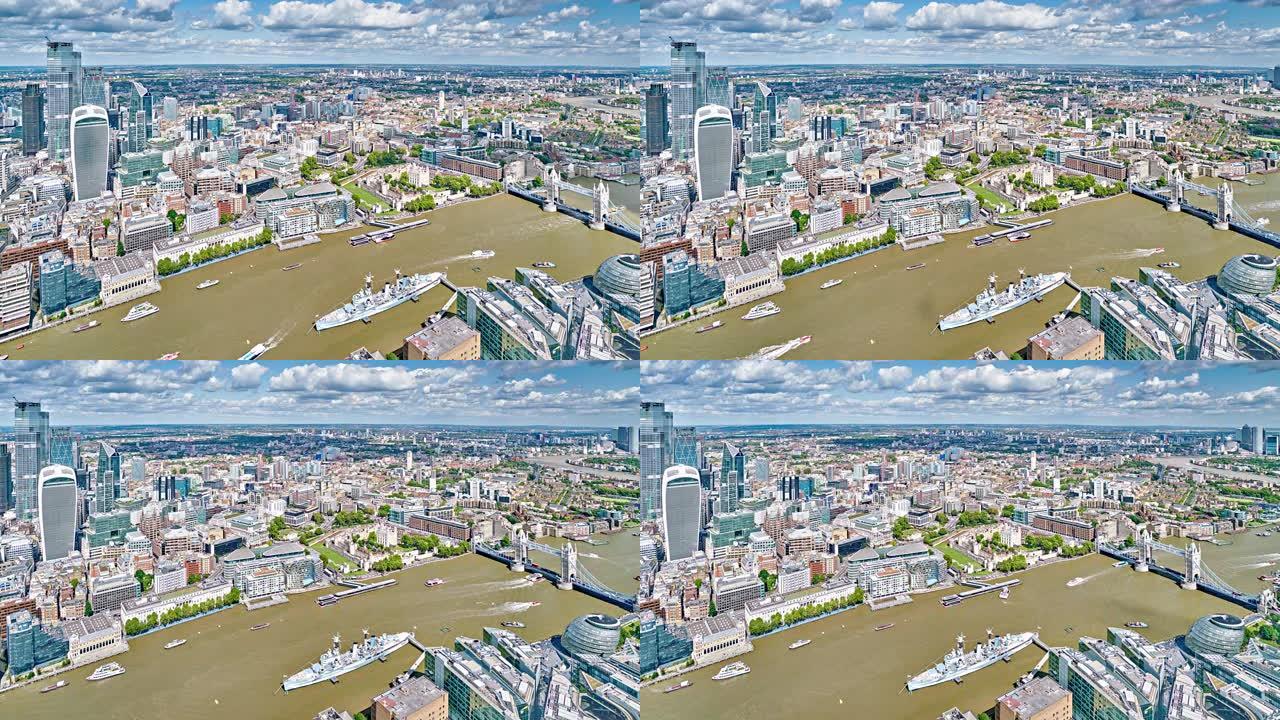 伦敦市中心金融区，泰晤士河。著名城市的鸟瞰图。旅游目的地。不寻常的角度。英国伦敦