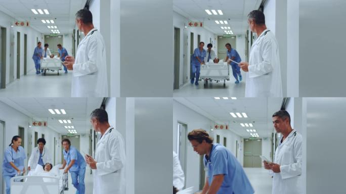 医疗队在医院走廊上推紧急担架床
