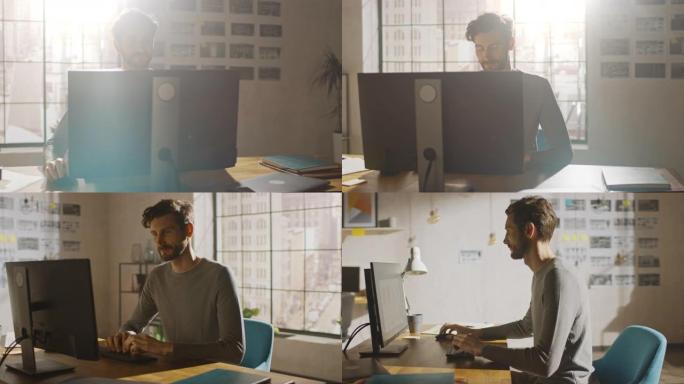 创意设计师坐在办公室工作室的办公桌前，在屏幕上显示智能手机软件开发应用程序的台式计算机上工作。Web