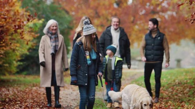 微笑的多代家庭与狗一起沿着秋天的乡村漫步