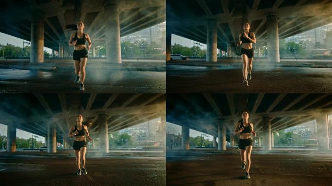 一个美丽自信的健身女孩穿着黑色运动上衣和短裤在充满蒸汽的街道上慢跑的肖像照片。她在城市环境中奔跑，背