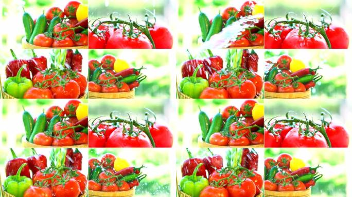 新鲜水果和蔬菜，四个不同视频的拼贴画。慢动作。