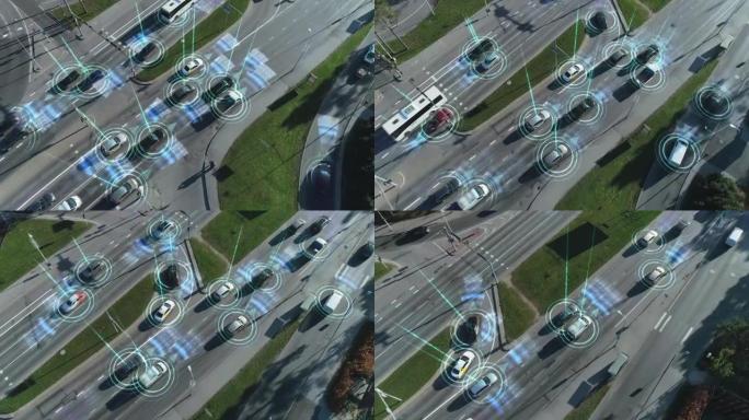 自上而下的空中无人机: 白色自动驾驶汽车穿过城市。概念: 人工智能扫描周围环境，检测汽车，避免交通堵