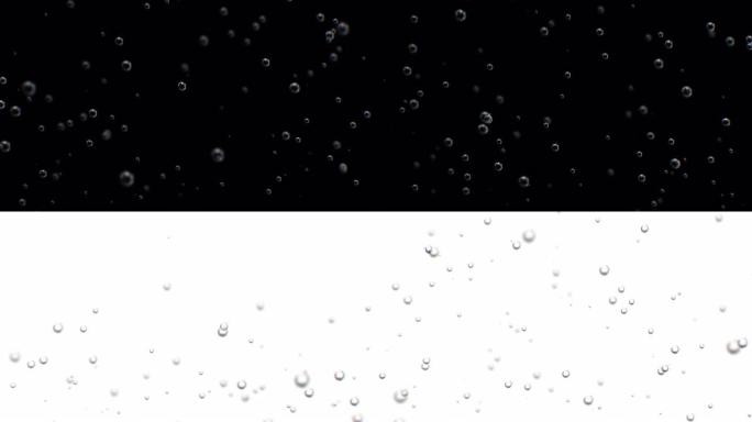 美丽的气泡水在玻璃慢动作。气泡从底部上升在慢动作的3d动画。清爽的碳酸苏打饮料近距离模糊。