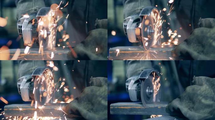 锯片正在切割钢铁并产生火花。慢动作。