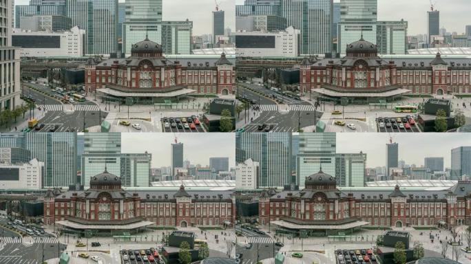 日本东京市各种建筑城市景观和交通道路的东京站和丸之内4k延时鸟瞰图。日本文化与交通理念