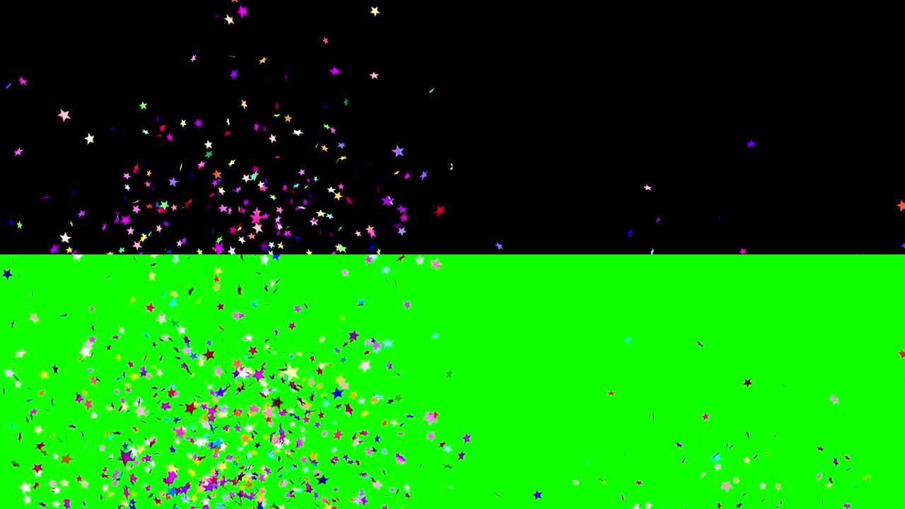 黑色和绿色背景下的星星五彩纸屑爆炸。4K。