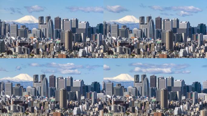 4K UHD延时: 鸟瞰新宿区东京城市景观和富士山的背景，天空清晰。