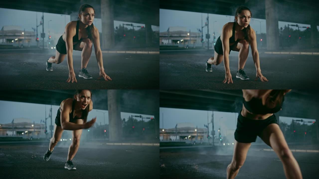 穿着黑色运动上衣和短裤的美丽强壮健身女孩开始冲刺。她在城市环境中奔跑，背景是汽车。
