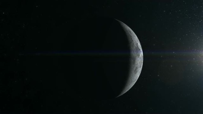 月亮。月亮被太阳照亮到一半。从太空看。星星闪烁。4K.太阳在右边。