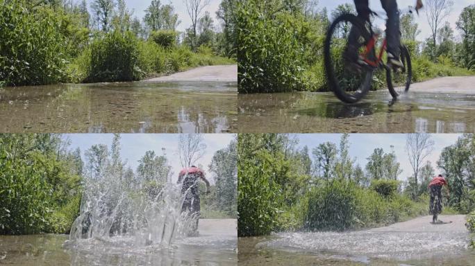 SLO MO山地自行车手跳入水坑