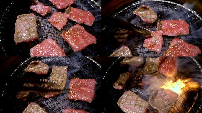 日本烧烤炉上的4k翻转肉