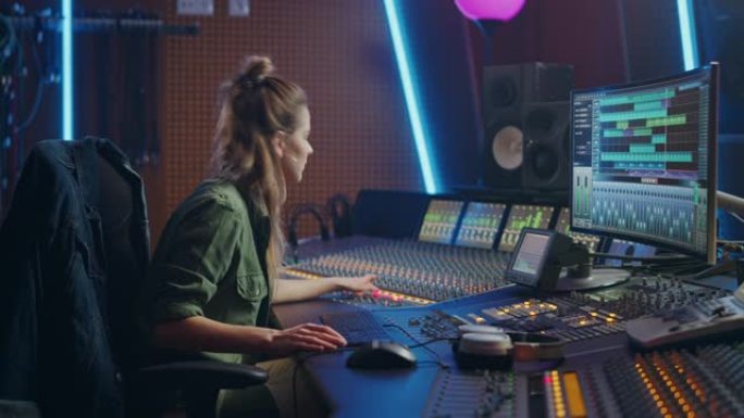在音乐录音室工作的美丽女性音频工程师，使用调音板和软件来创造现代声音。创意女孩艺术家音乐家在控制桌上