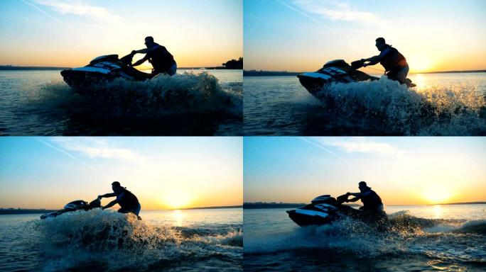 Waverunner骑手在海浪上跳跃，特写。