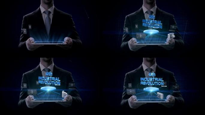 商人举起平板电脑，各种移动设备连接 “第四次工业革命”。4k电影。
