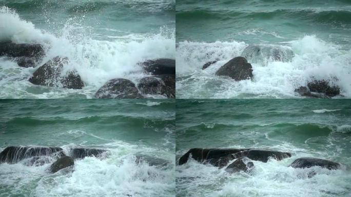 慢动作波撞击岩石拍打海浪乘风破浪