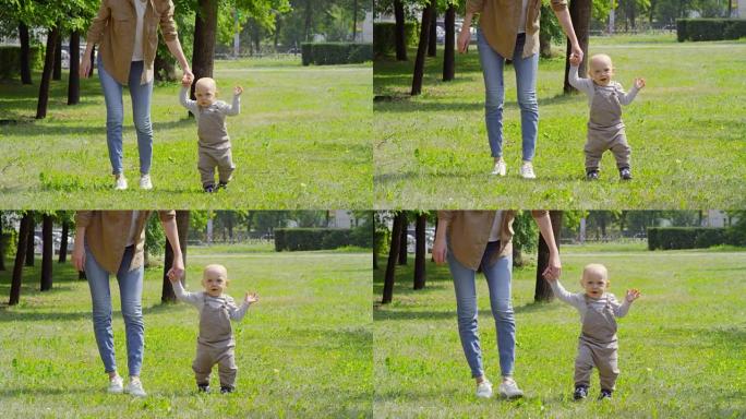 婴儿与母亲一起在公园散步