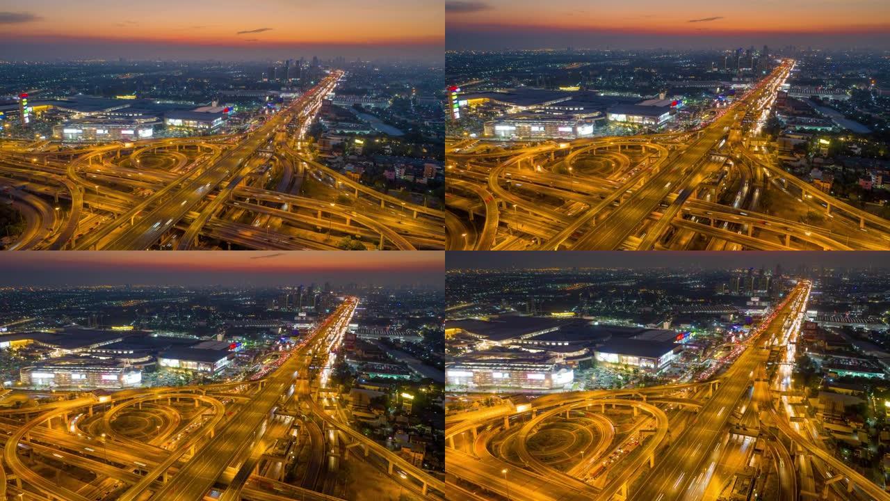 曼谷高速公路4k鸟瞰图延时或超长夜城市景观
