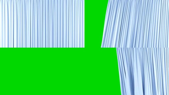 无缝单蓝色窗帘开合。美丽的循环3d动画抽象逼真的窗帘揭示背景绿色屏幕。适用于过渡阿尔法掩码