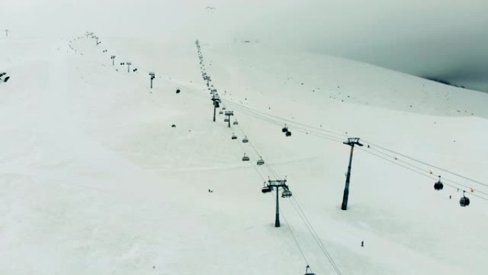 缆车在雪地中沿着索道行驶