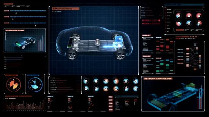 数字未来派显示界面中的充电电子，混合动力，锂离子电池回声汽车。眼睛水平视图，环保未来汽车。4k电影1