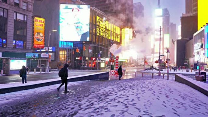 冬天。时代广场街景街头大雪下雪