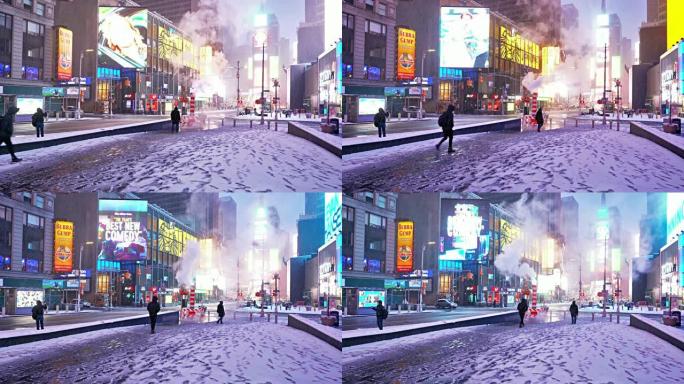 冬天。时代广场街景街头大雪下雪