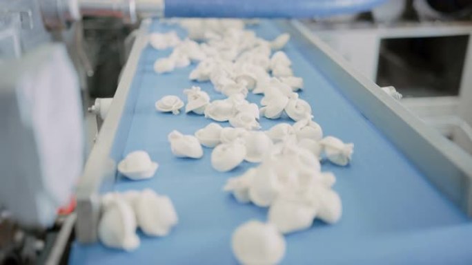 关闭饺子工厂自动机器生产过程的镜头。新鲜的生水球落在传送带上。在食品工厂运行的工业机械。