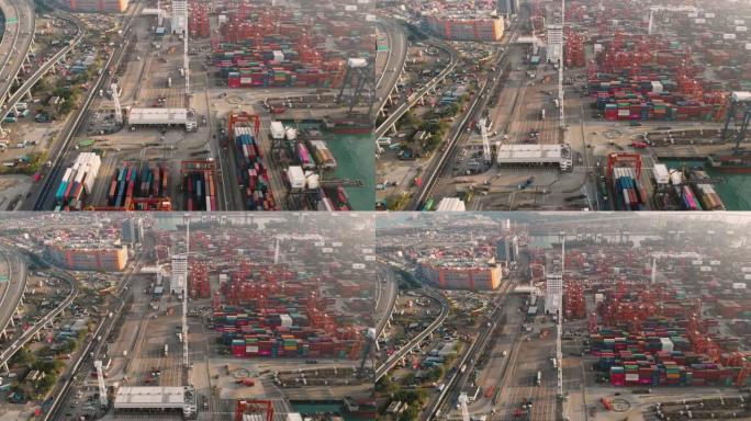 工业港口集装箱船的鸟瞰图和倾斜。
