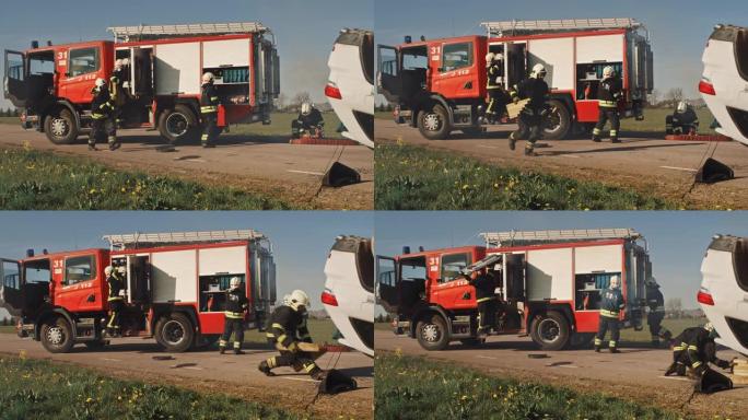 消防员乘坐消防车到达车祸现场。消防员从消防车上抢走他们的工具，设备和装备，急忙帮助受伤，被困人员。慢