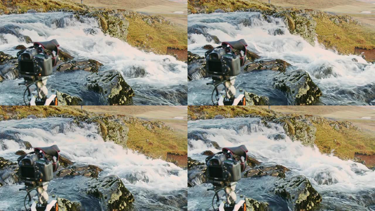 冰岛Kirkjufellsfoss瀑布上的三脚架上的MS相机