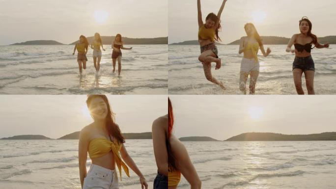 一群在海滩上跑步的亚洲年轻女性，朋友们开心放松，晚上日落时在海边的海滩上玩耍。生活方式朋友旅行假期假