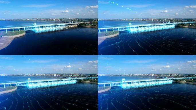 水力发电站的鸟瞰图a，汽车在桥梁和河流上行驶。3D信息图表元素说明了工作发电机。水电的蓝色概念。