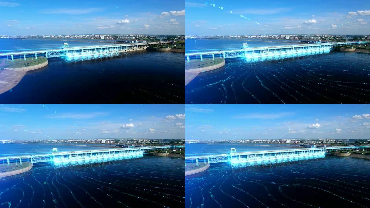 水力发电站的鸟瞰图a，汽车在桥梁和河流上行驶。3D信息图表元素说明了工作发电机。水电的蓝色概念。